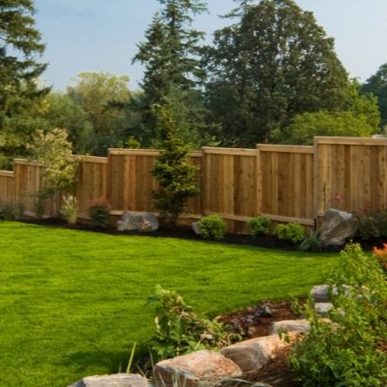 Lush green lawn with a wooden fence and trees