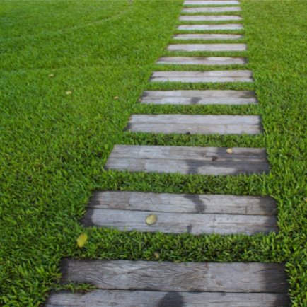 Landscaped garden path with wooden planks